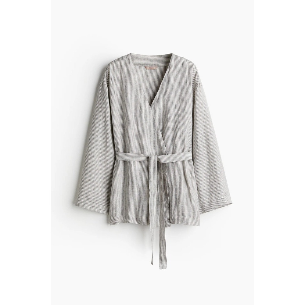 H&M Premium Selection 100% Linen Wrap Top Women XXL Gray Stripe NWT Coastal